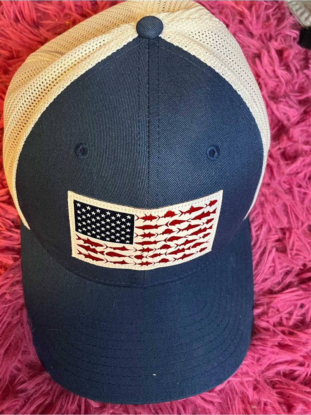 Columbia navy and Cream Trucker Cap with American Fish Flag Patch